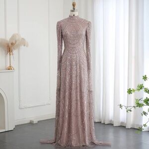 Long Sleeve Sequined Evening Gown in Mauve